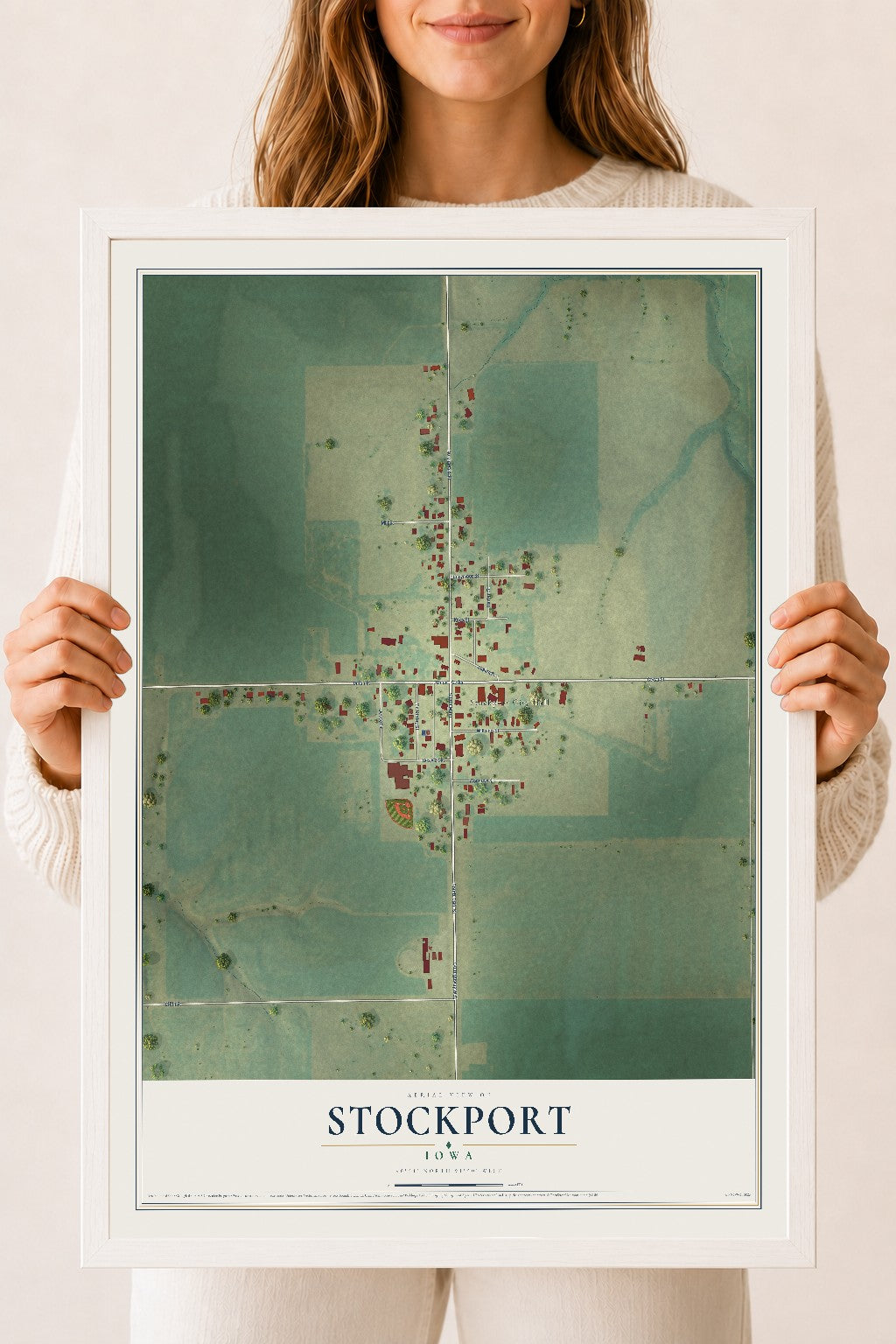 Map of Stockport, Iowa, 18 x 24 inch print in a white wood frame