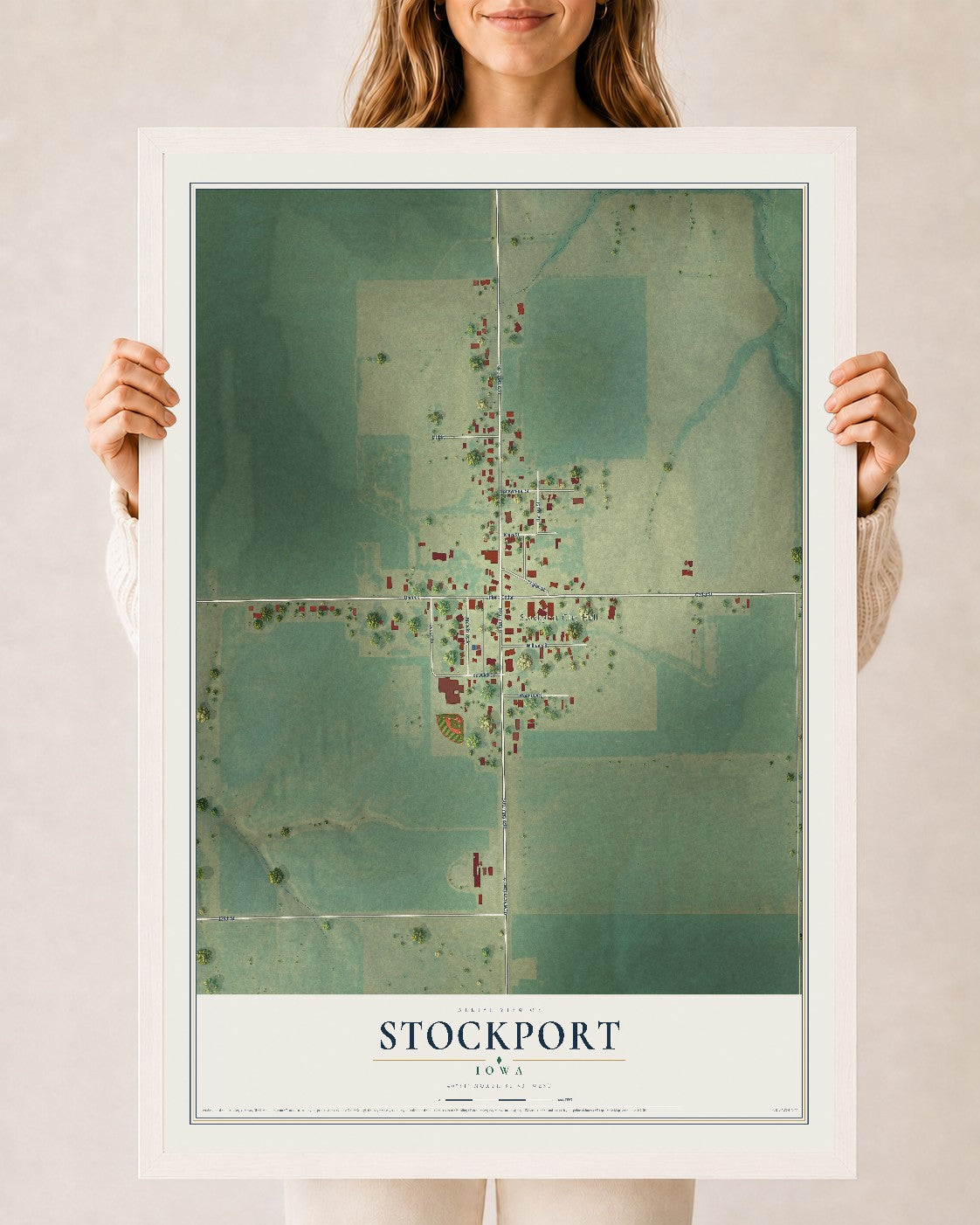 Map of Stockport, Iowa, 24 x 36 inch print in a white wood frame
