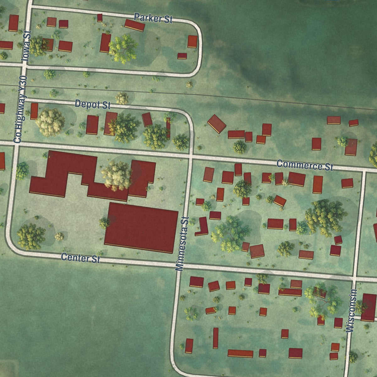 Close-up of the map of Stockton, Iowa print showing street and building detail