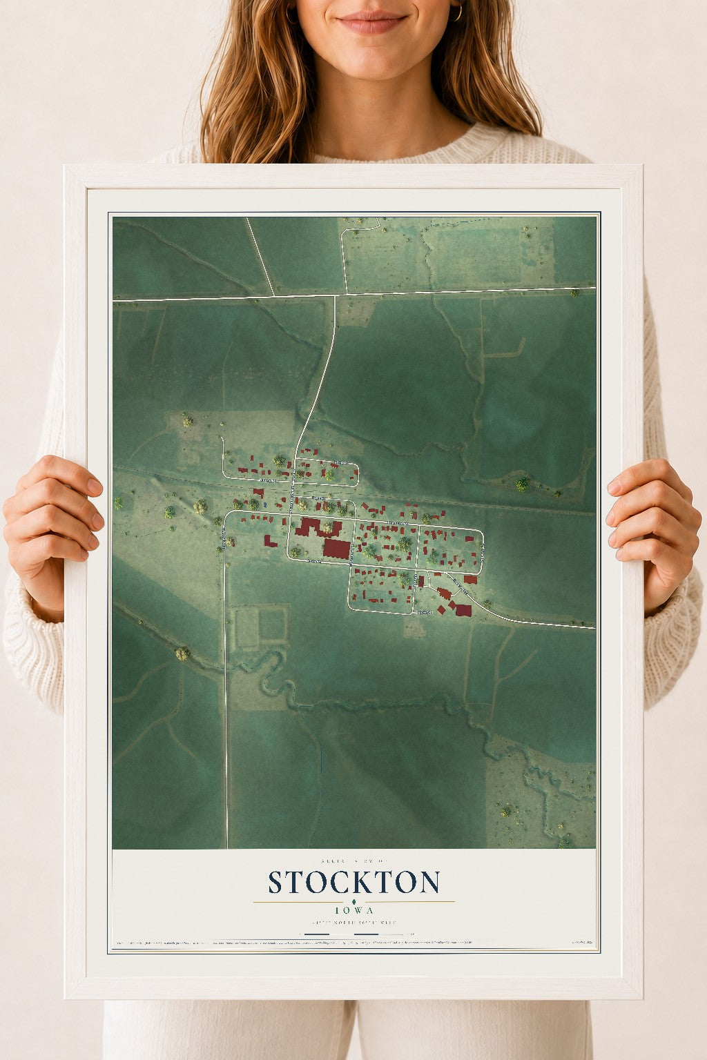 Map of Stockton, Iowa, 18 x 24 inch print in a white wood frame
