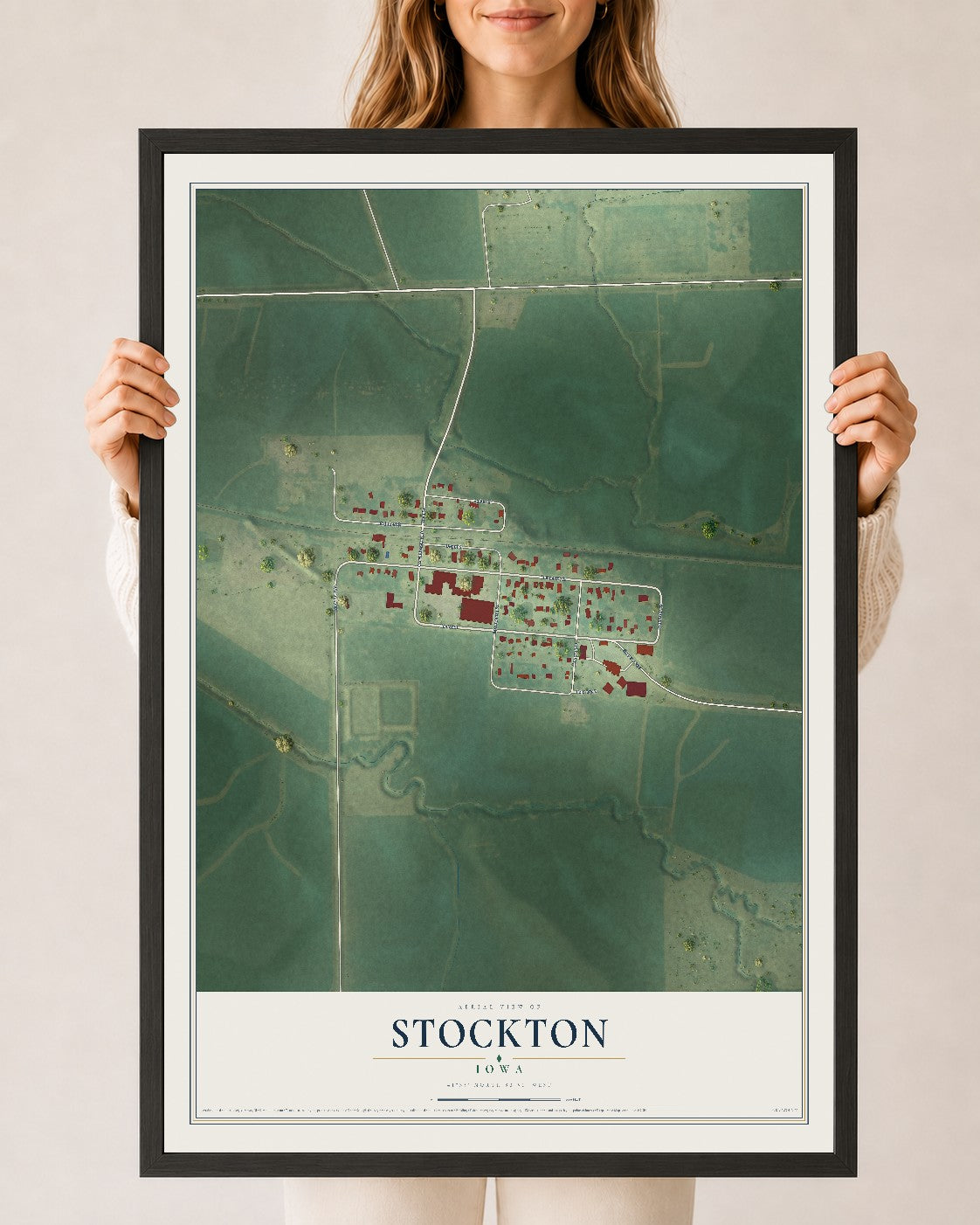 Map of Stockton, Iowa, 24 x 36 inch print in a black wood frame