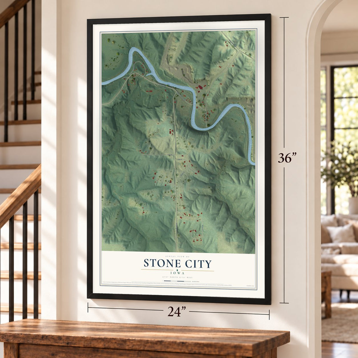 Stone City, Iowa map, 24 x 36 inch print in a black frame by a staircase