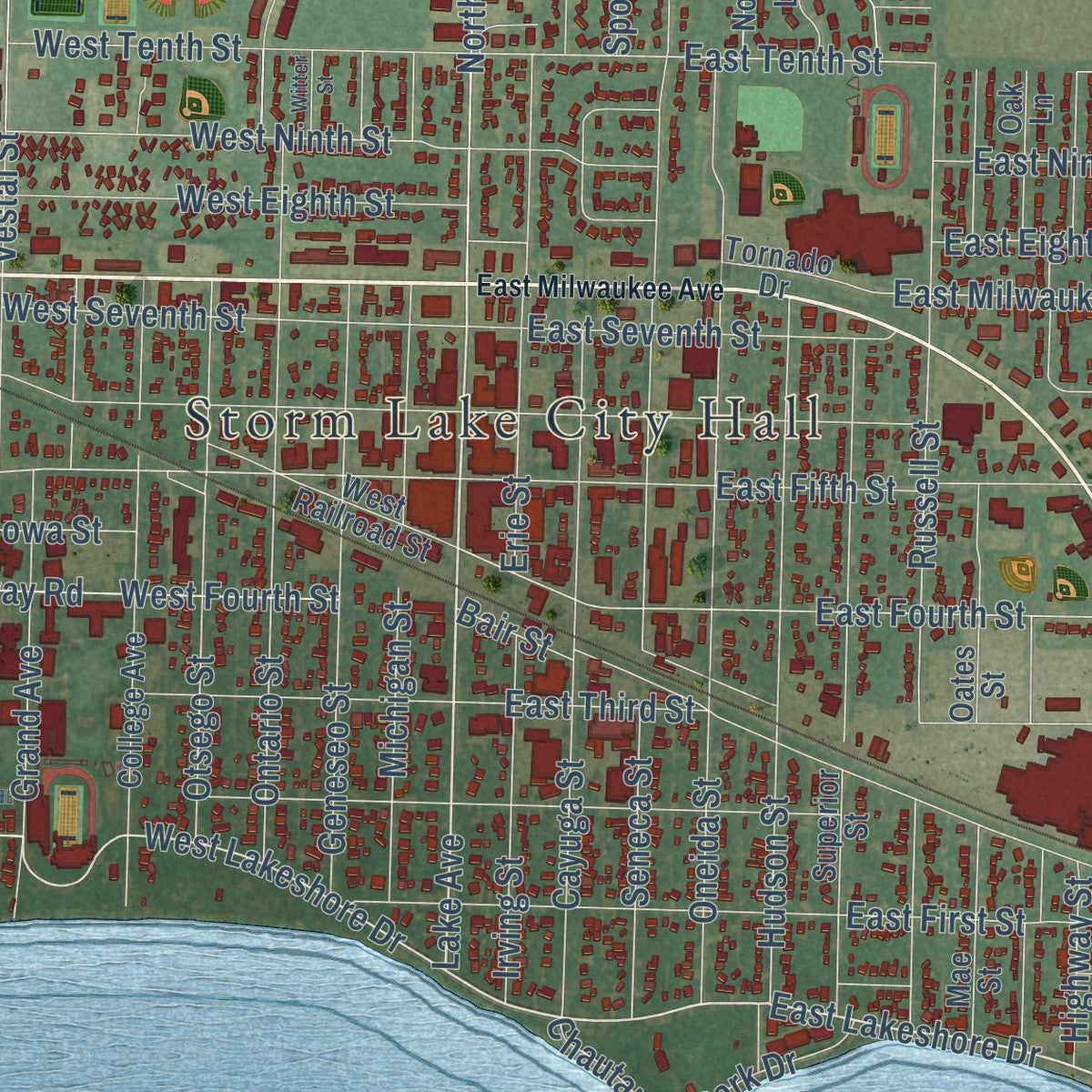 Close-up of the map of Storm Lake, Iowa print showing street and building detail