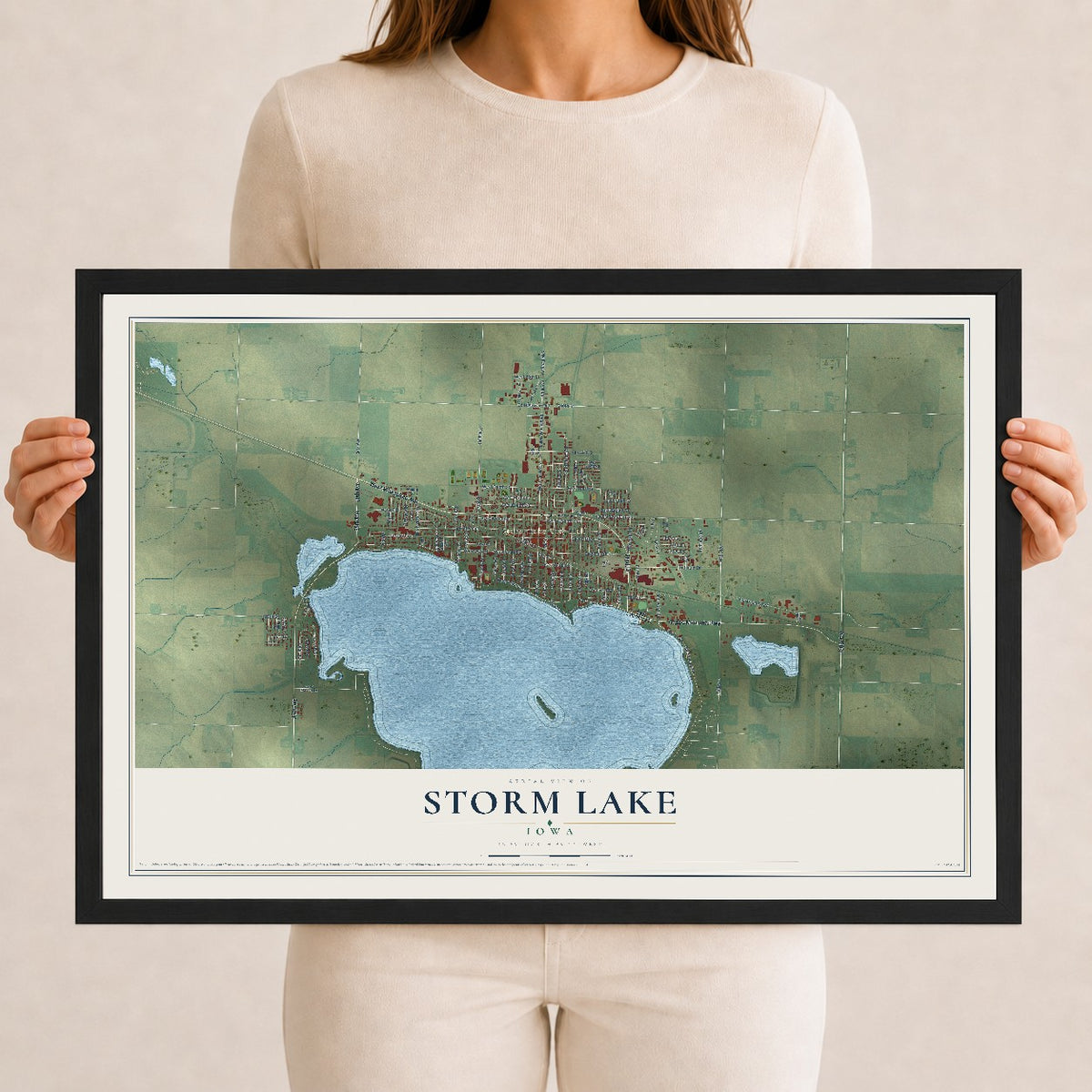 Map of Storm Lake, Iowa, 12 x 18 inch print in a black wood frame