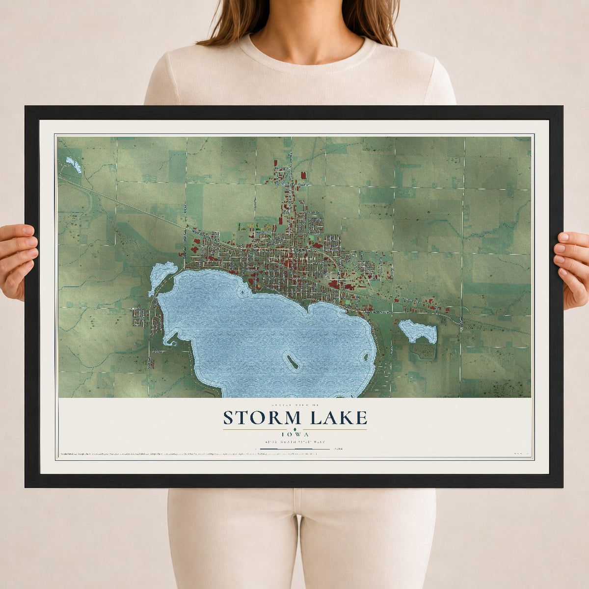 Map of Storm Lake, Iowa, 18 x 24 inch print in a black wood frame