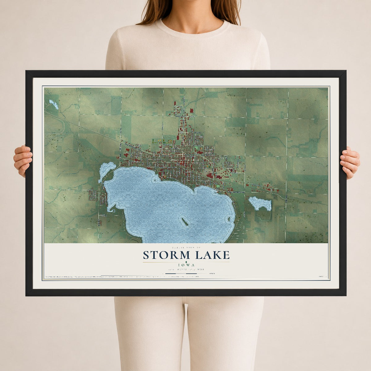 Map of Storm Lake, Iowa, 24 x 36 inch print in a black wood frame