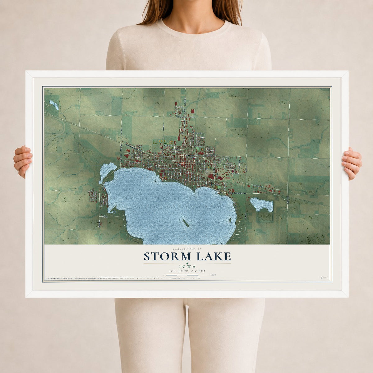 Map of Storm Lake, Iowa, 24 x 36 inch print in a white wood frame