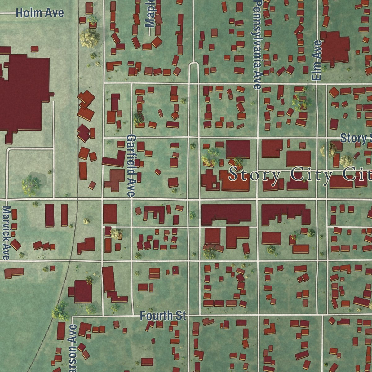 Close-up of the map of Story City, Iowa print showing street and building detail