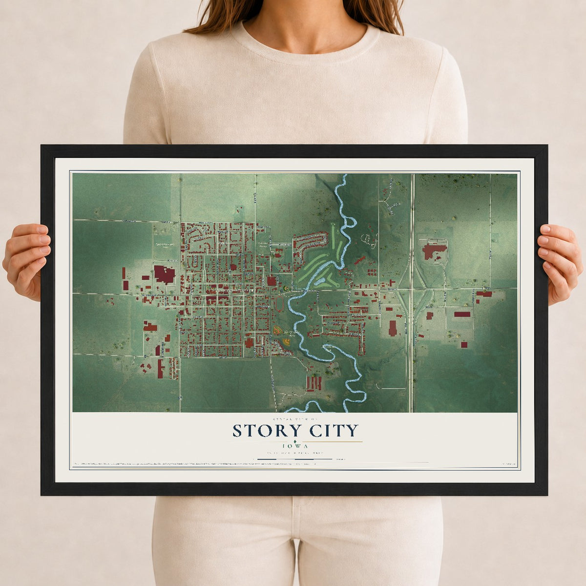 Map of Story City, Iowa, 12 x 18 inch print in a black wood frame