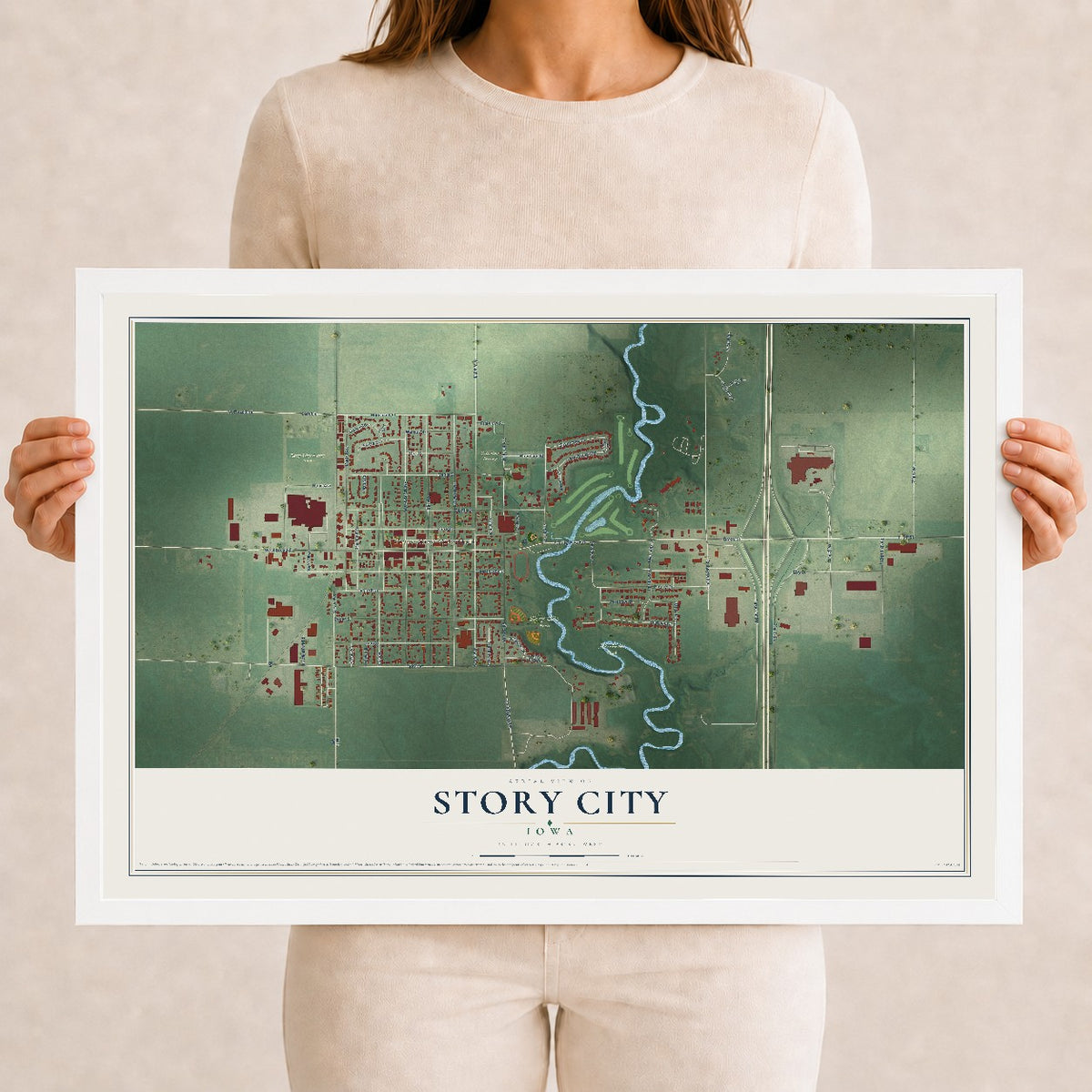 Map of Story City, Iowa, 12 x 18 inch print in a white wood frame