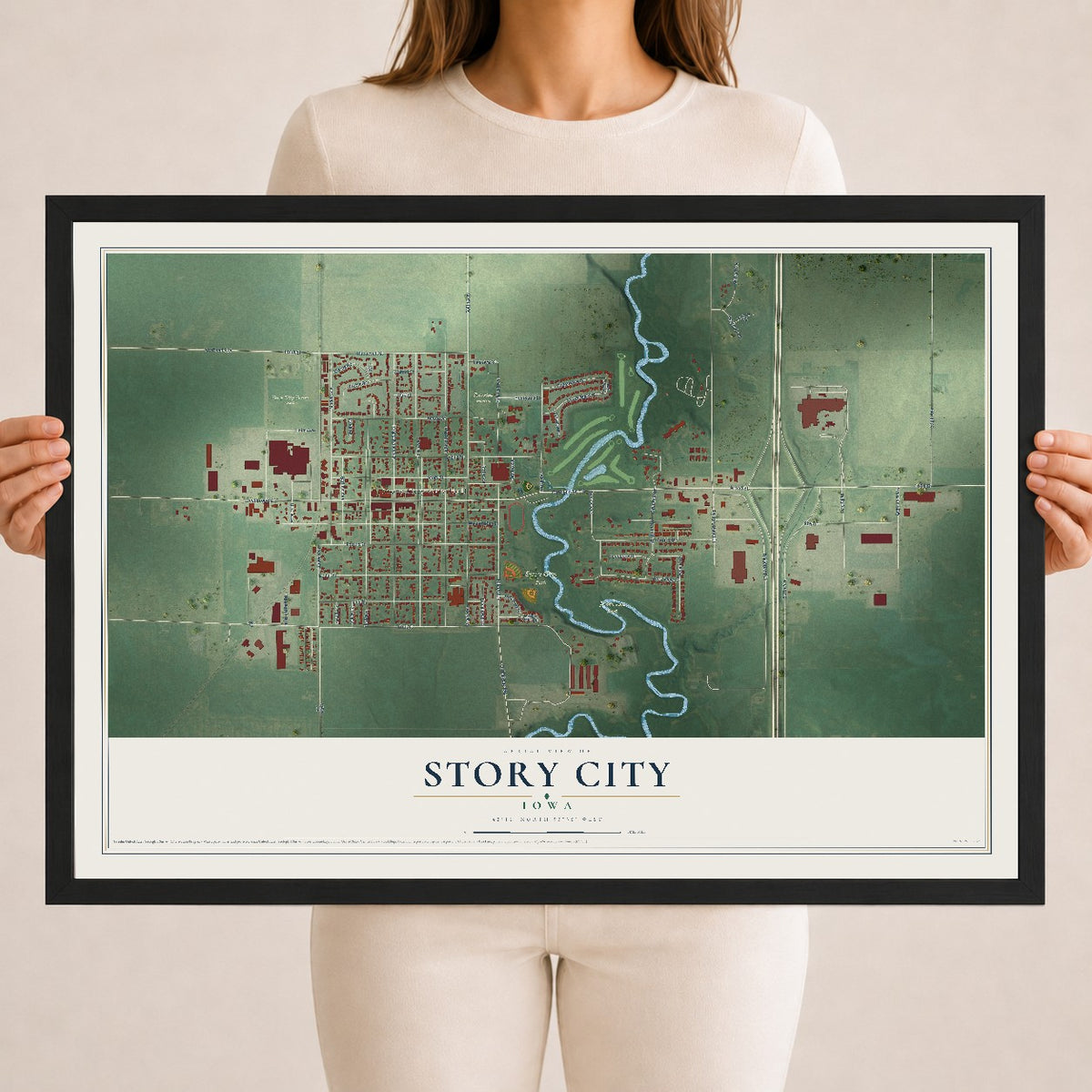 Map of Story City, Iowa, 18 x 24 inch print in a black wood frame