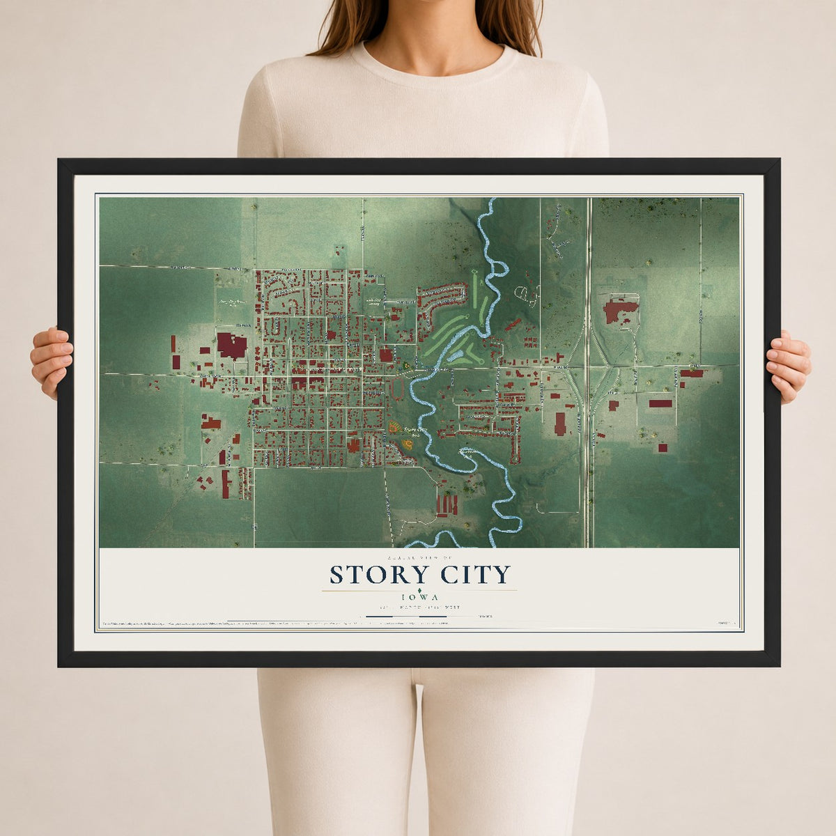 Map of Story City, Iowa, 24 x 36 inch print in a black wood frame