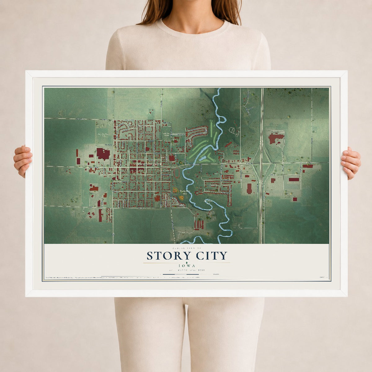 Map of Story City, Iowa, 24 x 36 inch print in a white wood frame