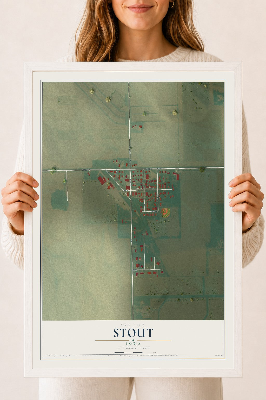 Map of Stout, Iowa, 18 x 24 inch print in a white wood frame