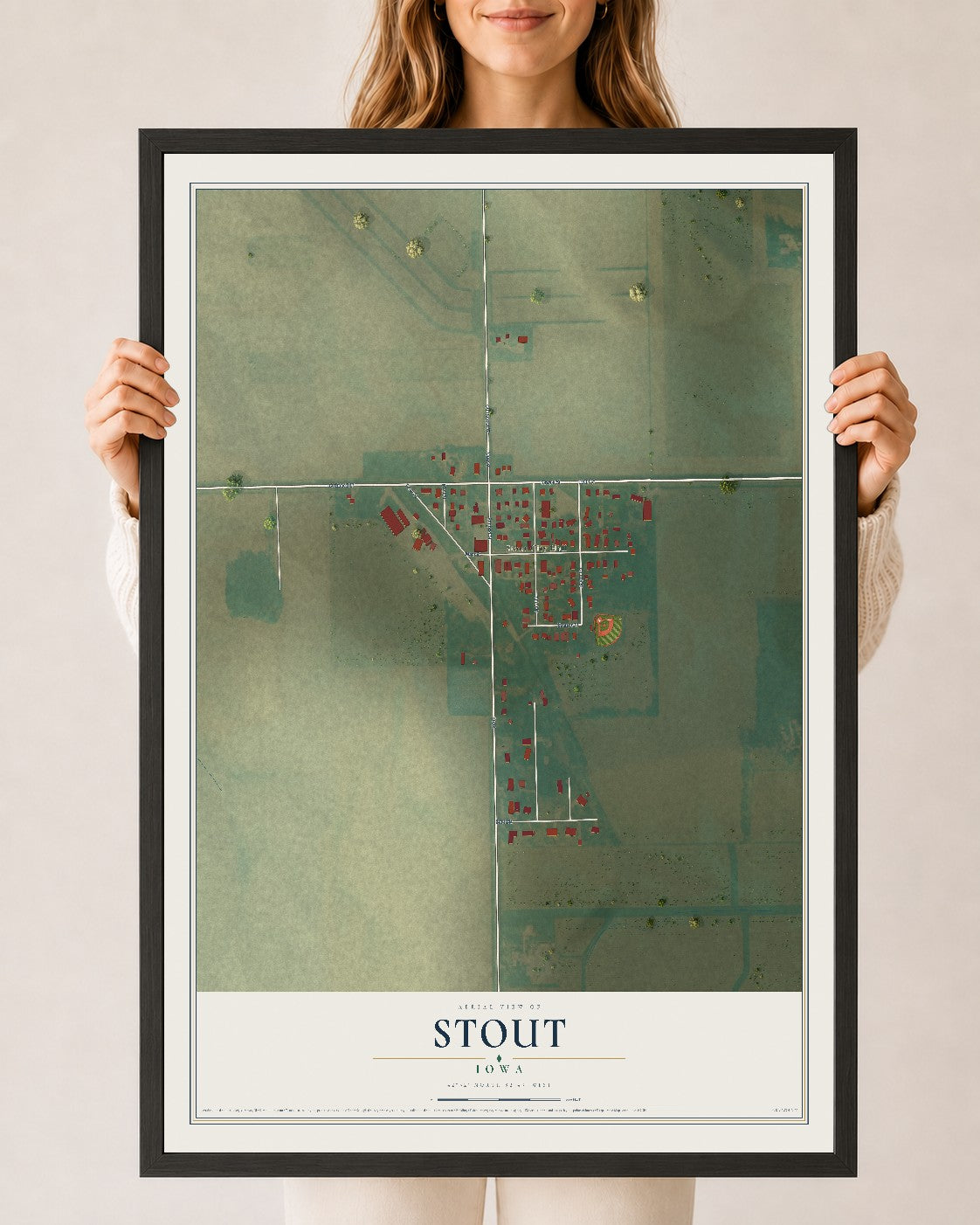 Map of Stout, Iowa, 24 x 36 inch print in a black wood frame