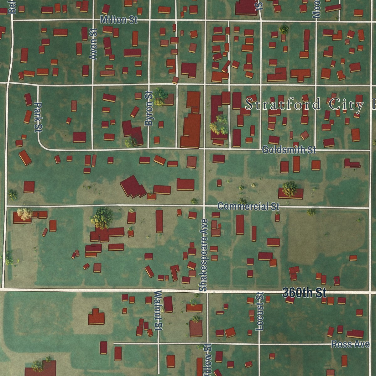 Close-up of the map of Stratford, Iowa print showing street and building detail