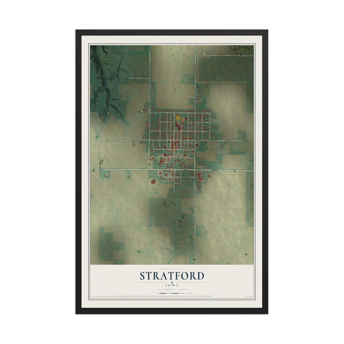 Map of Stratford, Iowa, 12 x 18 inch print in a black wood frame