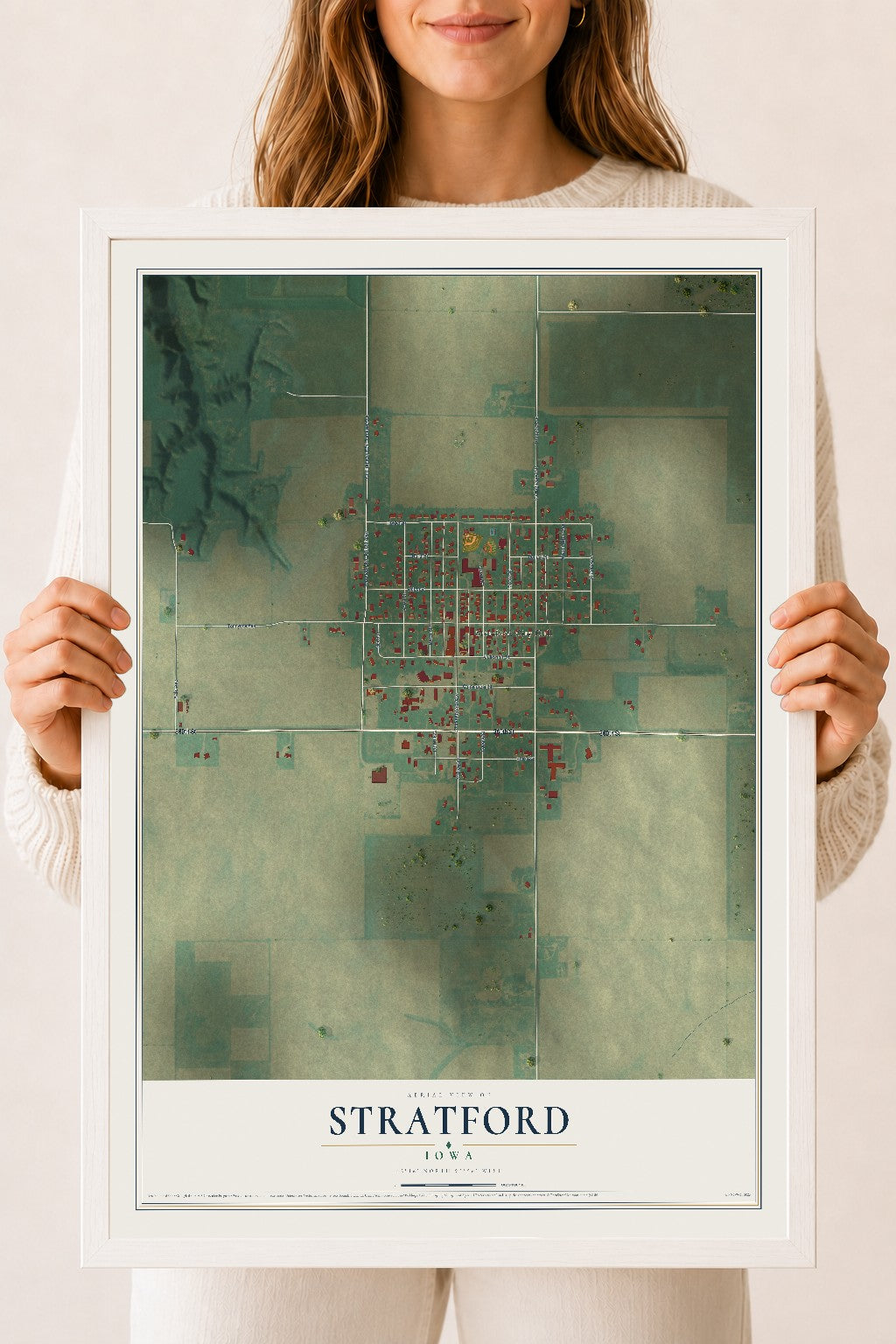 Map of Stratford, Iowa, 18 x 24 inch print in a white wood frame