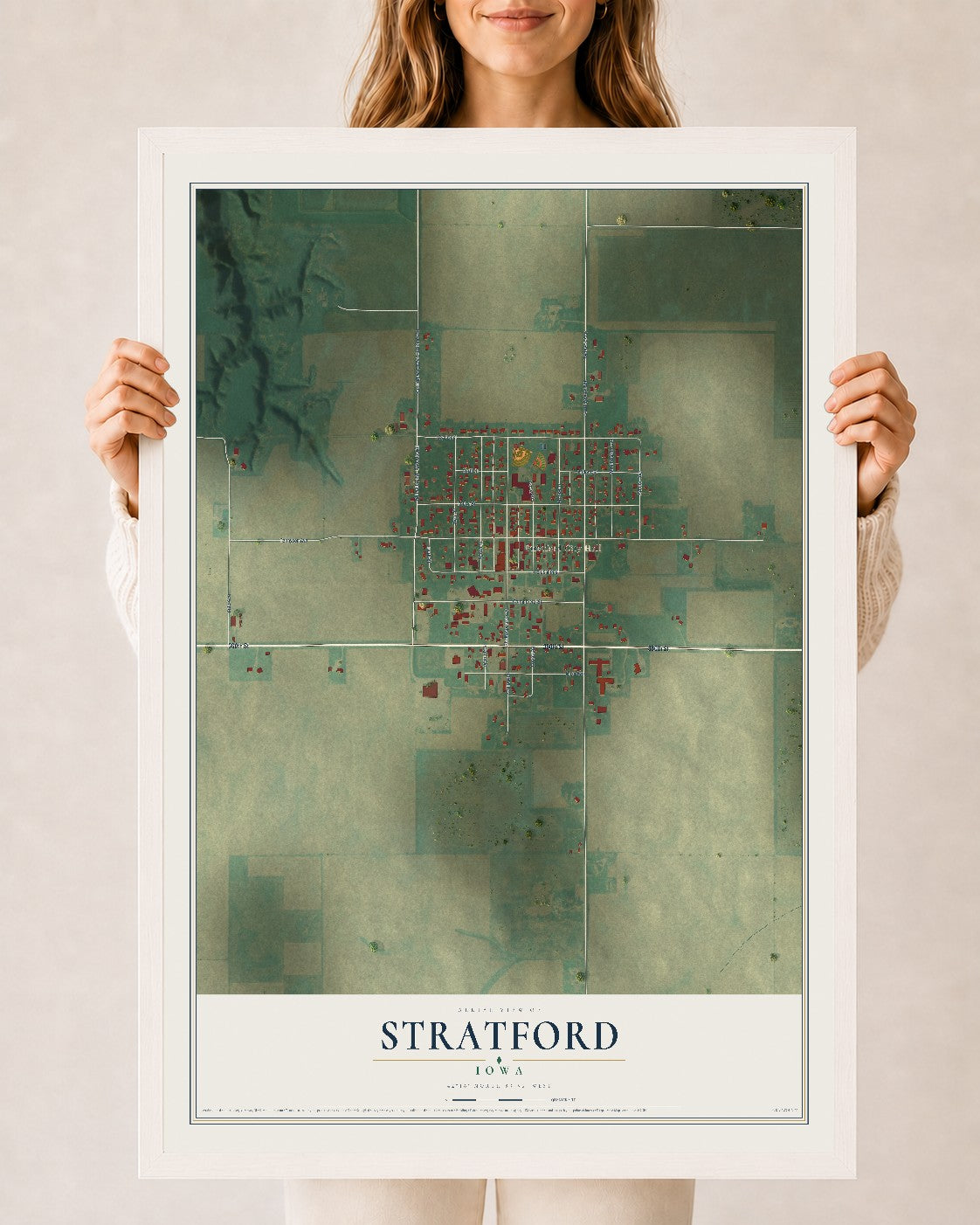 Map of Stratford, Iowa, 24 x 36 inch print in a white wood frame