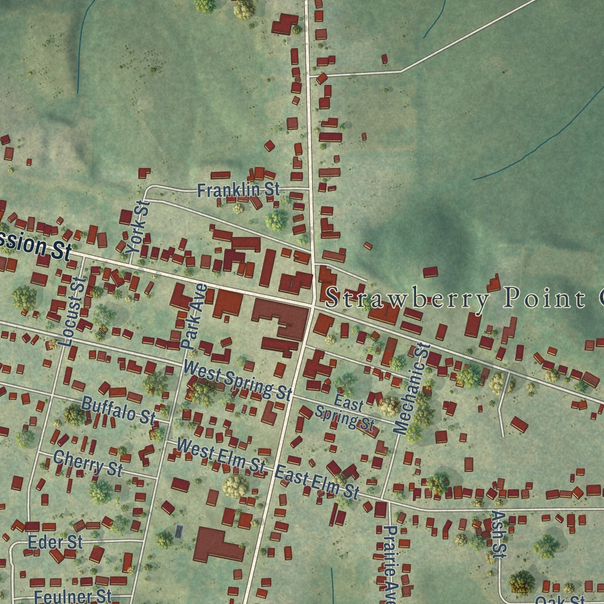 Close-up of the map of Strawberry Point, Iowa print showing street and building detail
