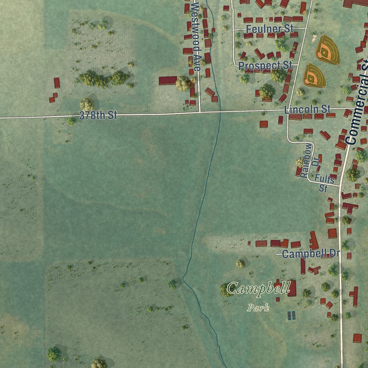 Second close-up of the map of Strawberry Point, Iowa print showing more streets and buildings