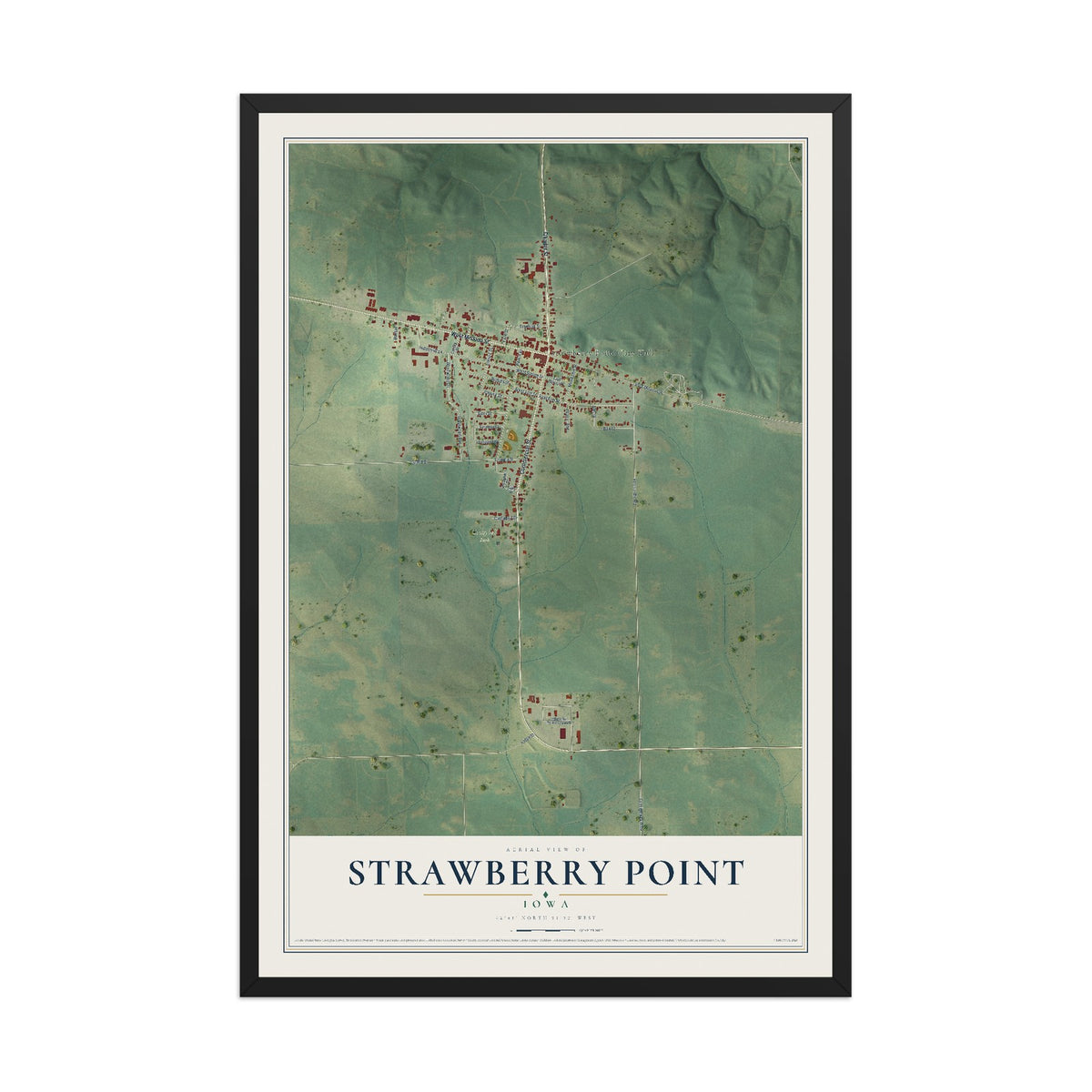 Map of Strawberry Point, Iowa, 12 x 18 inch print in a black wood frame