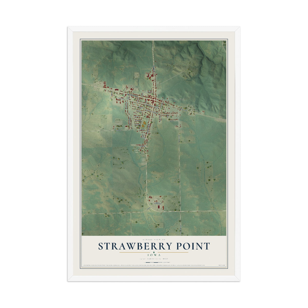 Map of Strawberry Point, Iowa, 12 x 18 inch print in a white wood frame
