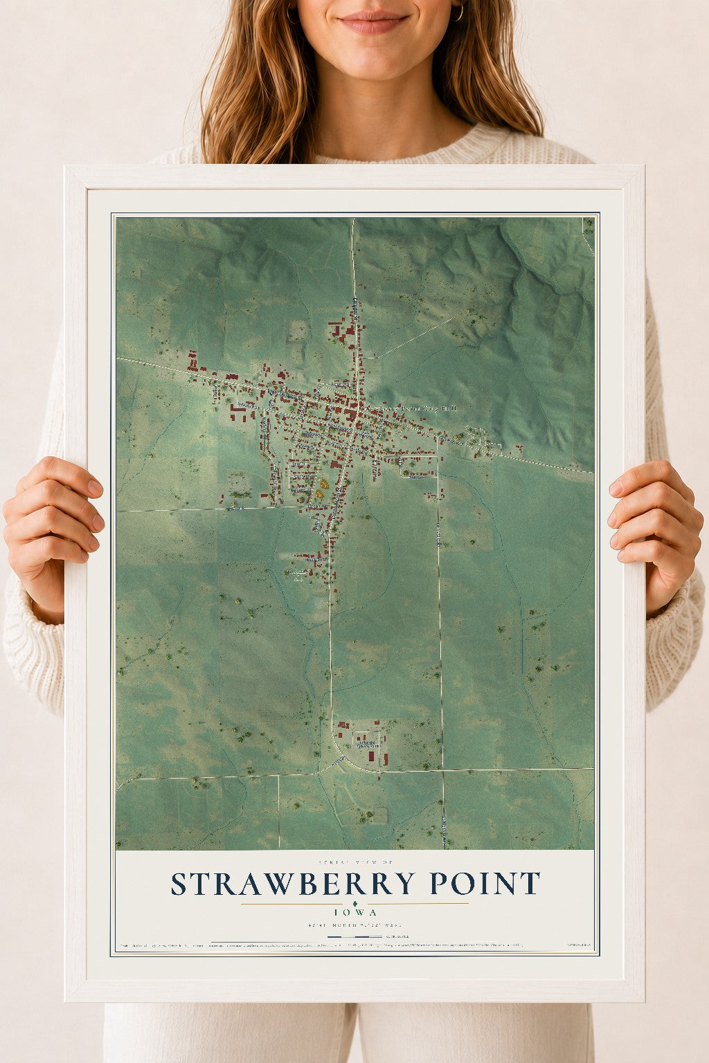 Map of Strawberry Point, Iowa, 18 x 24 inch print in a white wood frame