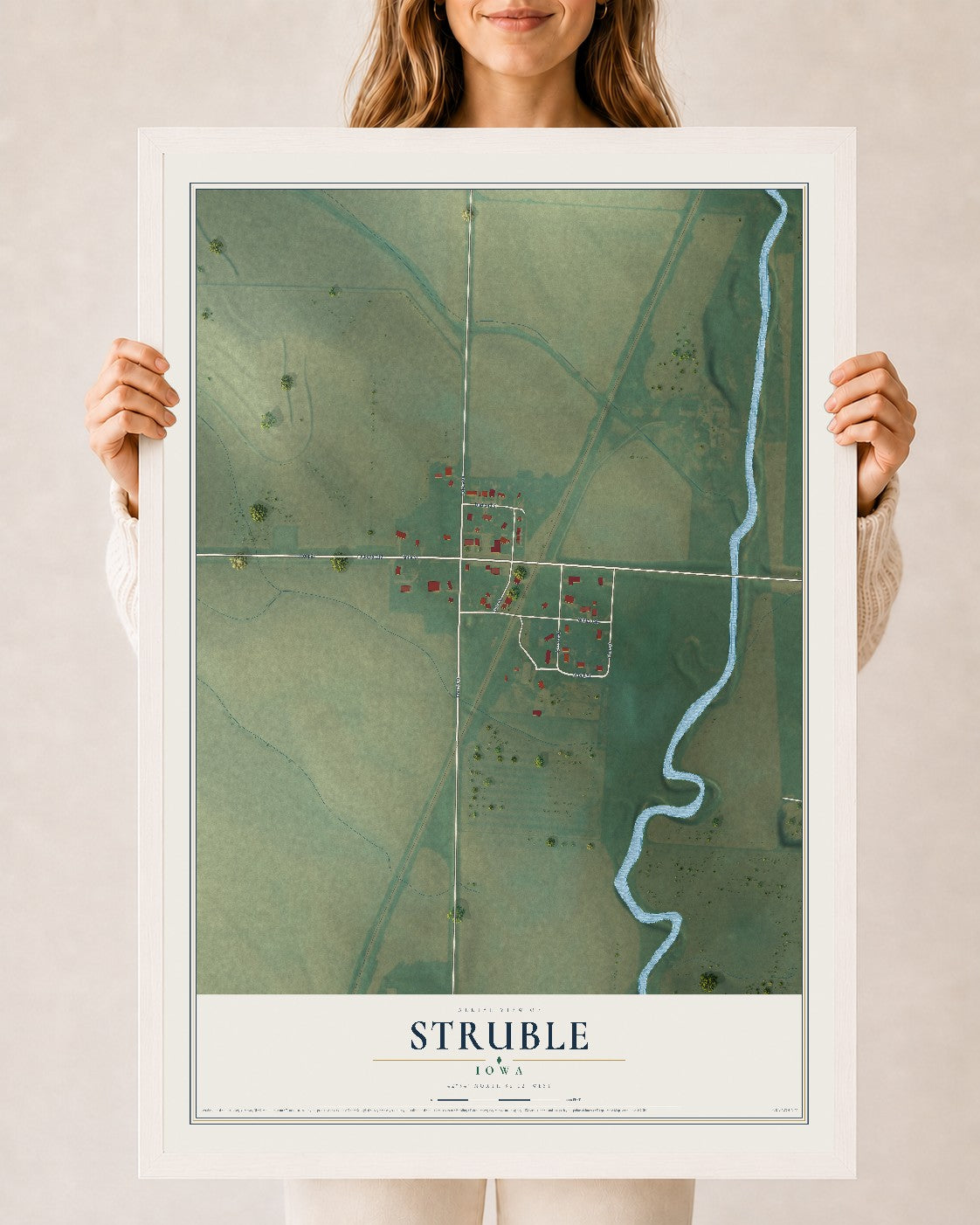 Map of Struble, Iowa, 24 x 36 inch print in a white wood frame
