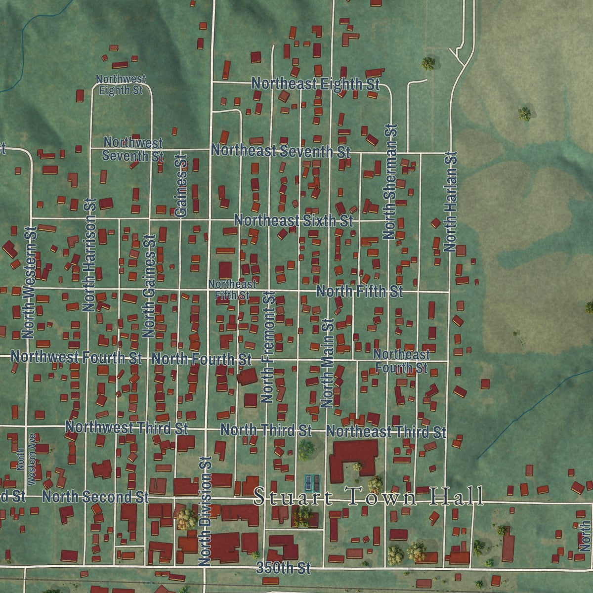 Close-up of the map of Stuart, Iowa print showing street and building detail
