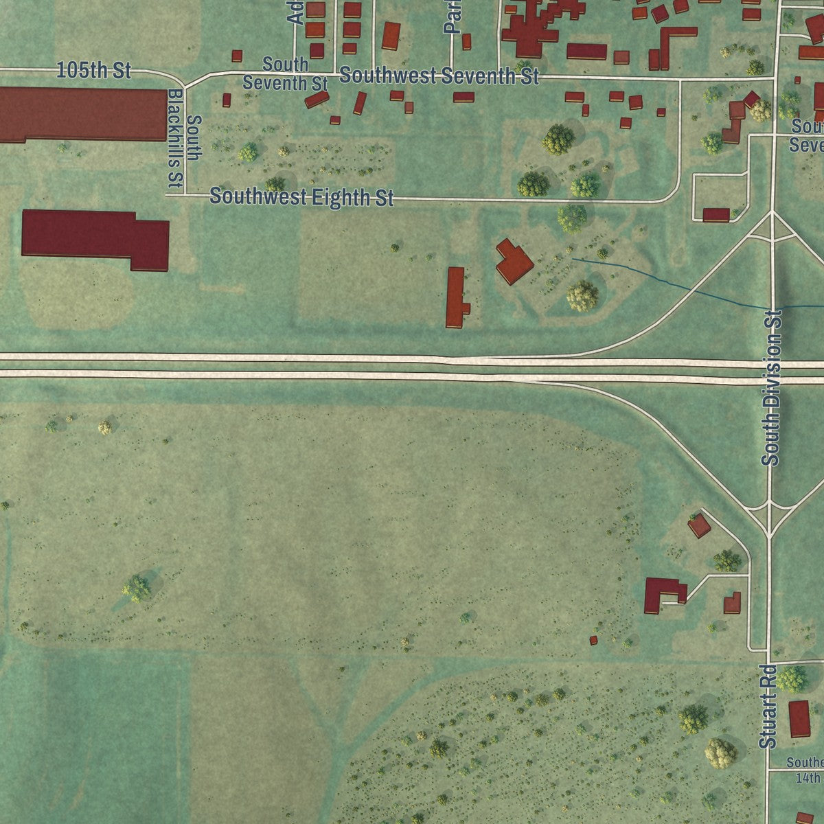 Second close-up of the map of Stuart, Iowa print showing more streets and buildings