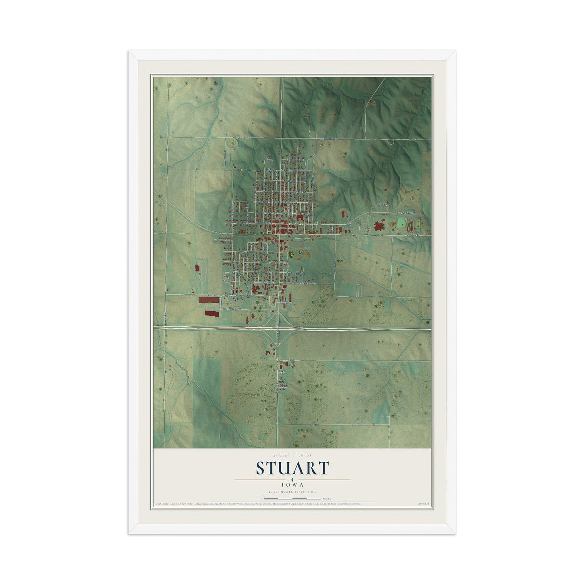 Map of Stuart, Iowa, 12 x 18 inch print in a white wood frame