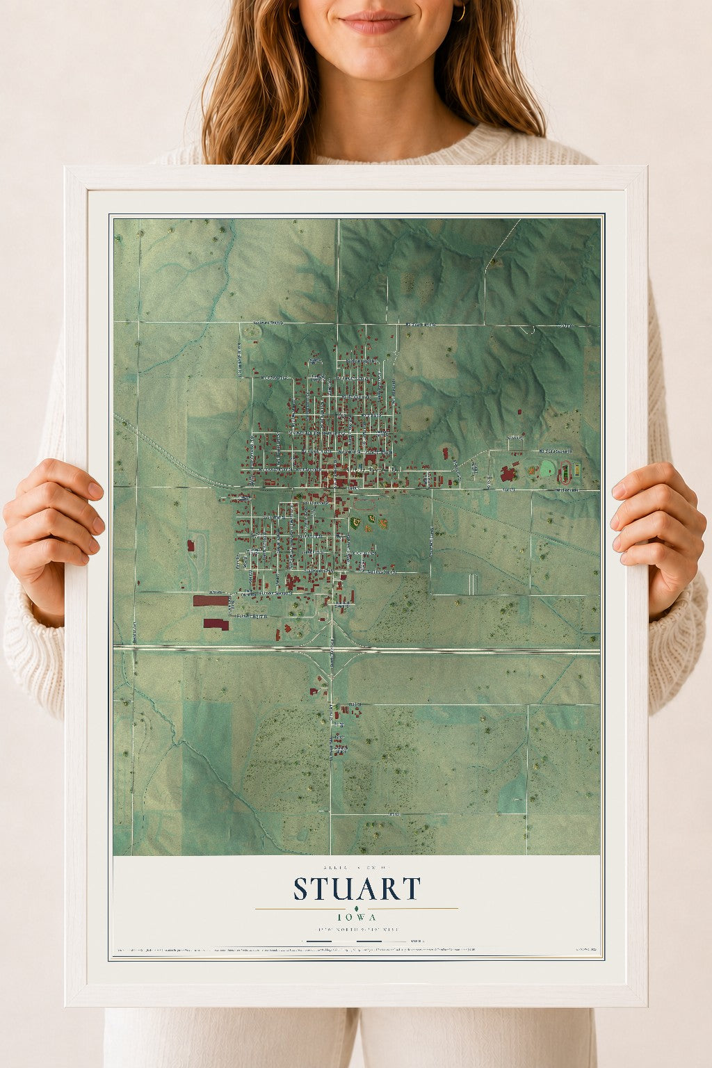 Map of Stuart, Iowa, 18 x 24 inch print in a white wood frame
