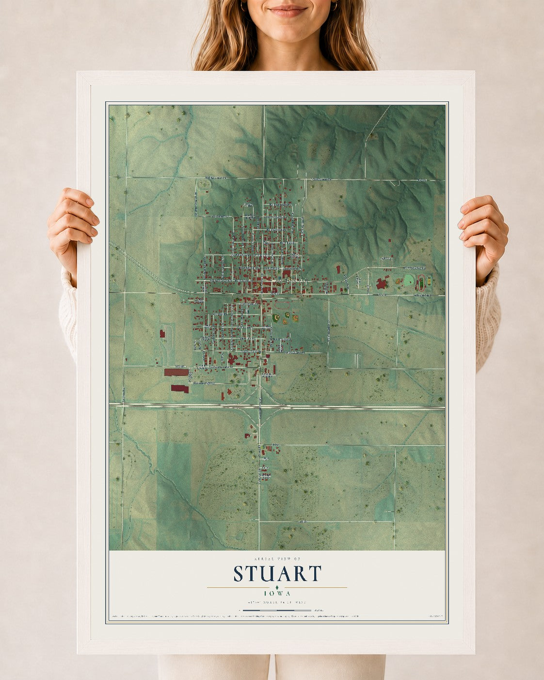 Map of Stuart, Iowa, 24 x 36 inch print in a white wood frame