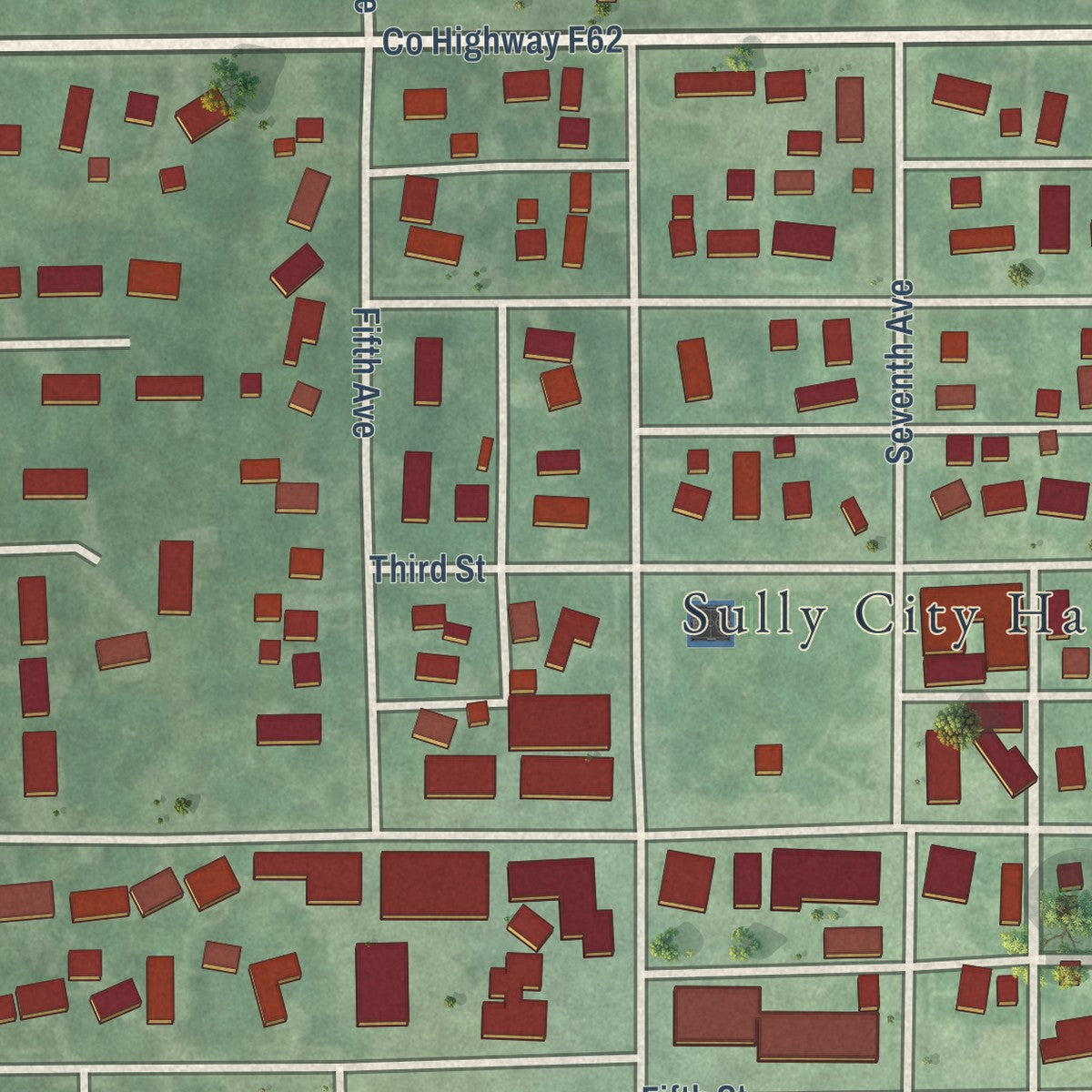 Close-up of the map of Sully, Iowa print showing street and building detail