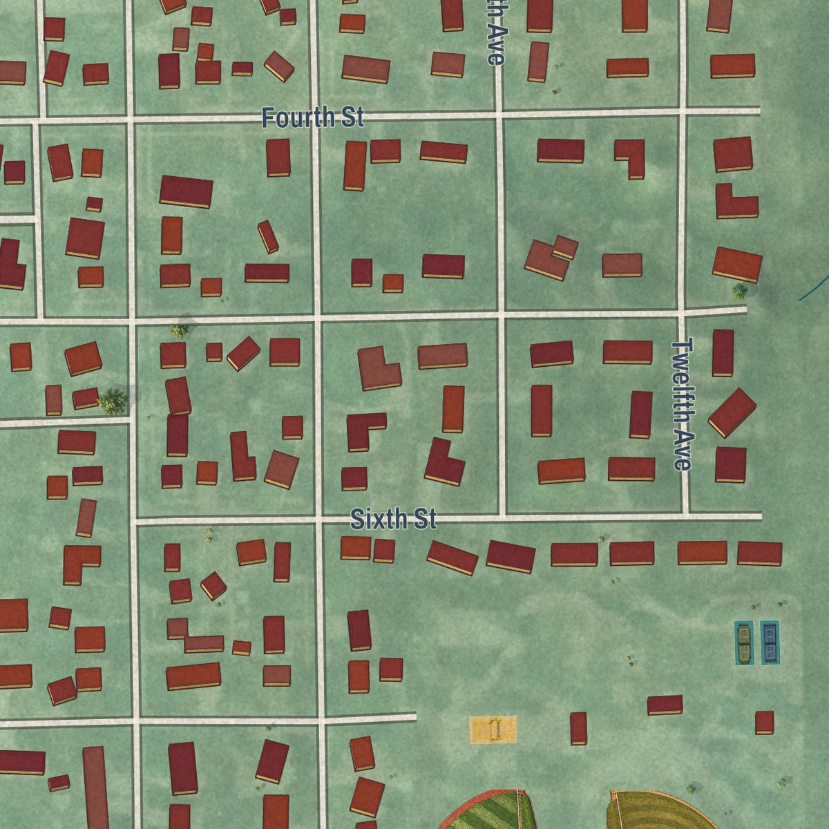 Second close-up of the map of Sully, Iowa print showing more streets and buildings