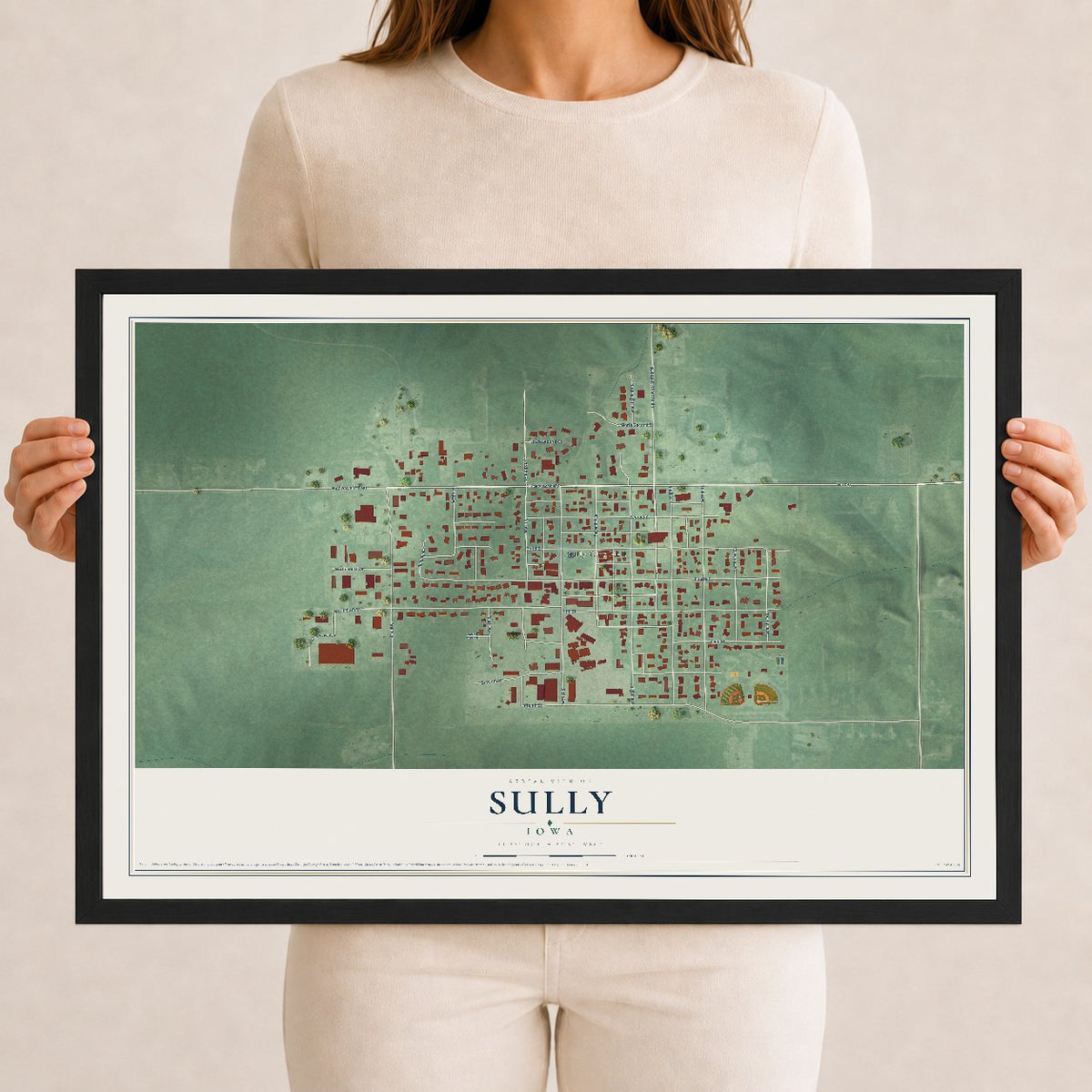 Map of Sully, Iowa, 12 x 18 inch print in a black wood frame