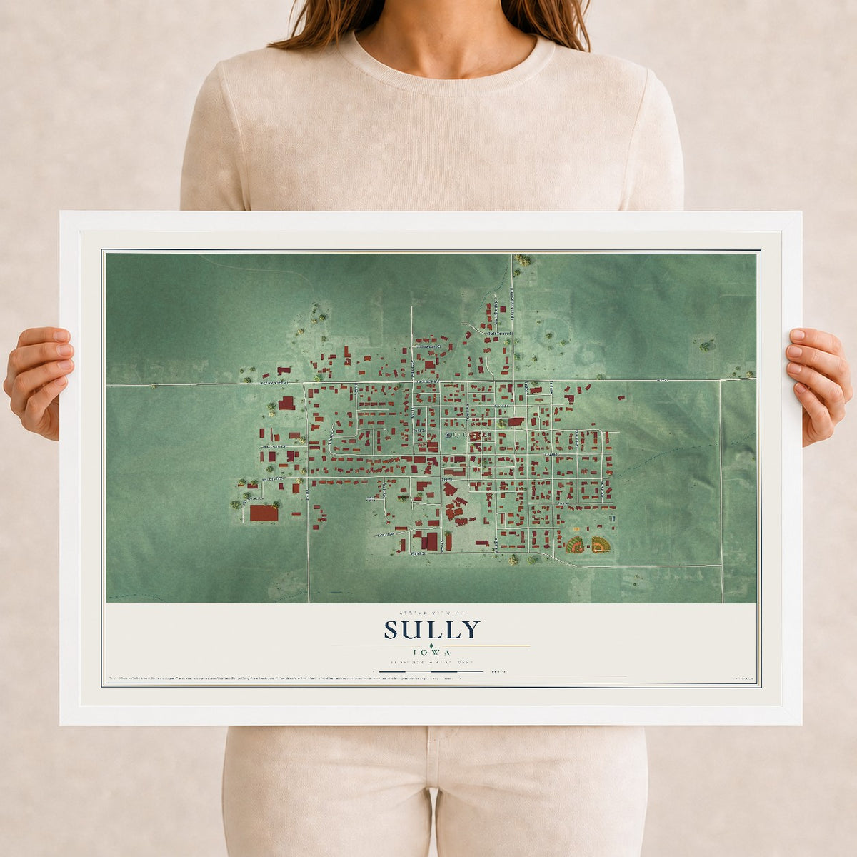 Map of Sully, Iowa, 12 x 18 inch print in a white wood frame