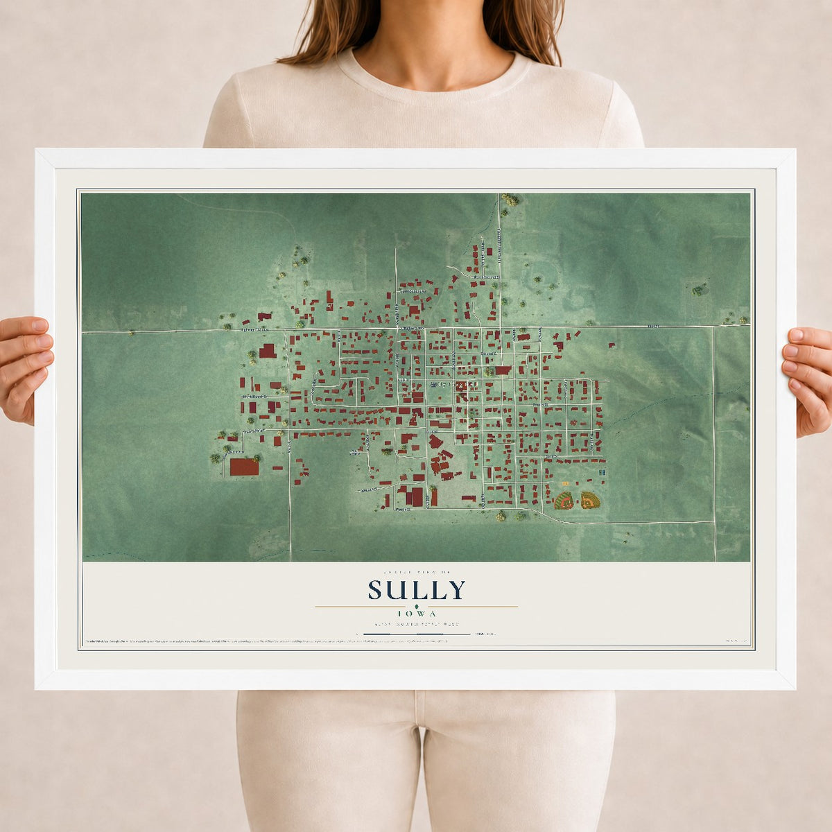 Map of Sully, Iowa, 18 x 24 inch print in a white wood frame