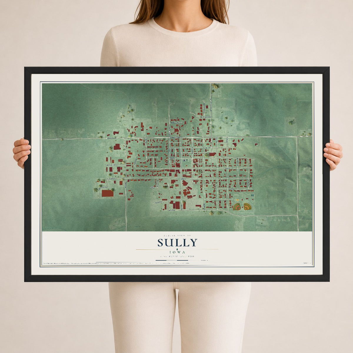 Map of Sully, Iowa, 24 x 36 inch print in a black wood frame