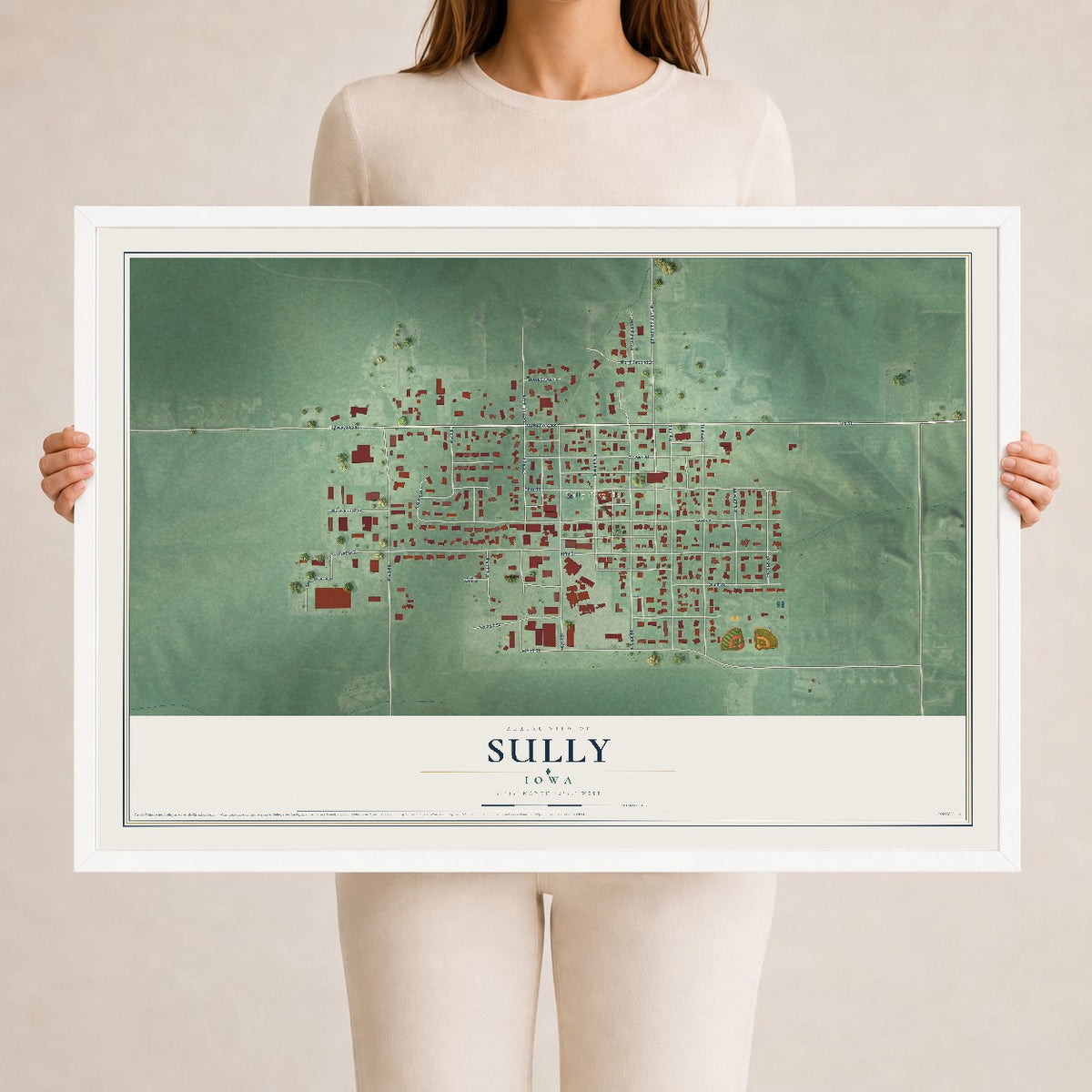 Map of Sully, Iowa, 24 x 36 inch print in a white wood frame