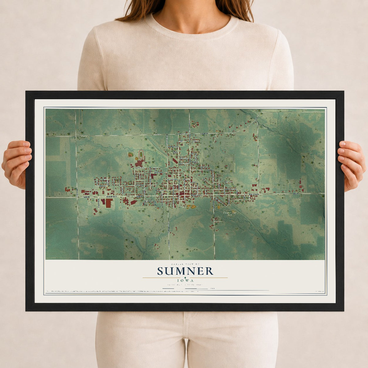 Map of Sumner, Iowa, 12 x 18 inch print in a black wood frame