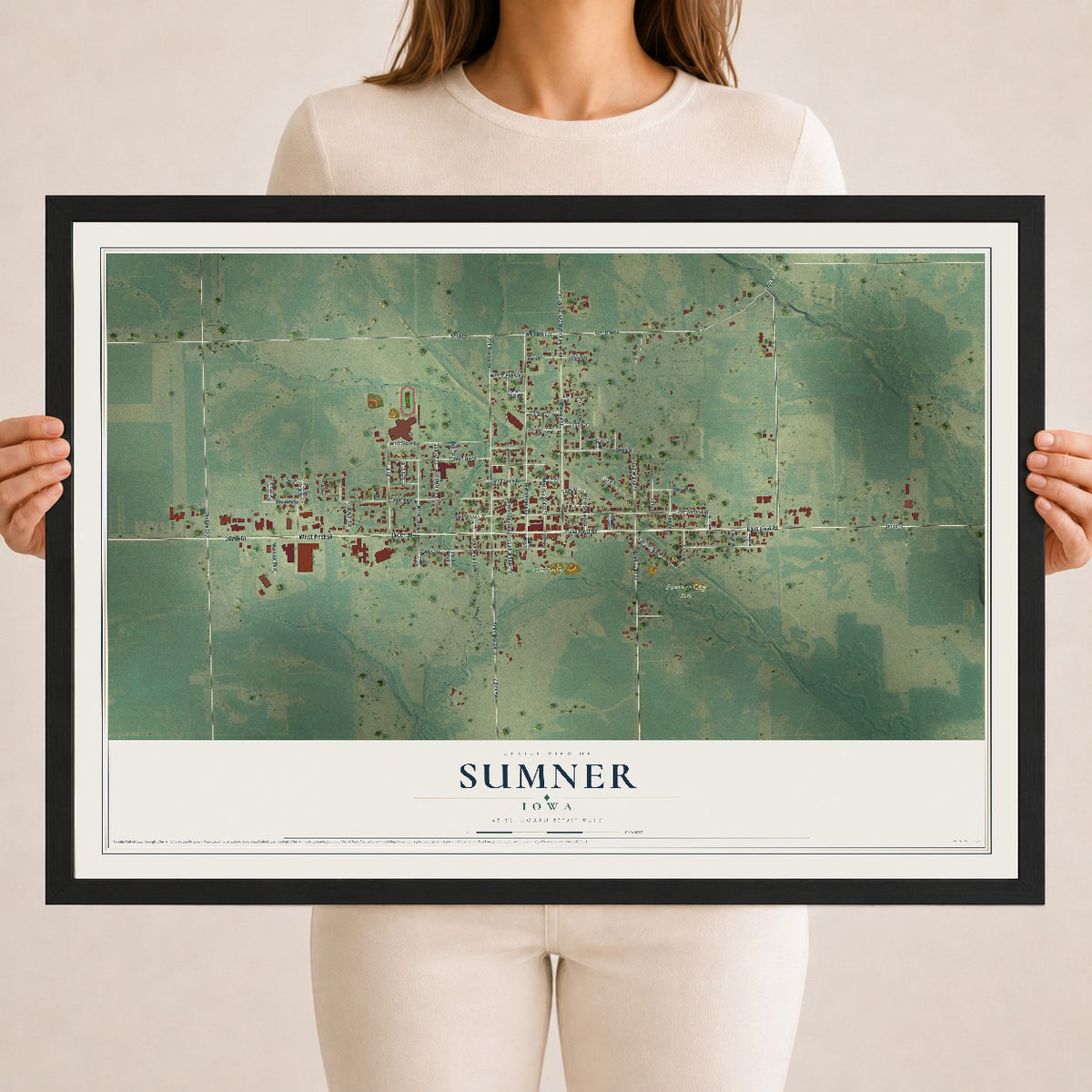 Map of Sumner, Iowa, 18 x 24 inch print in a black wood frame