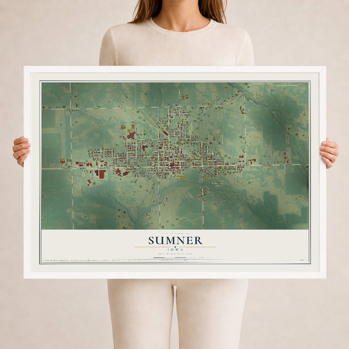 Map of Sumner, Iowa, 24 x 36 inch print in a white wood frame