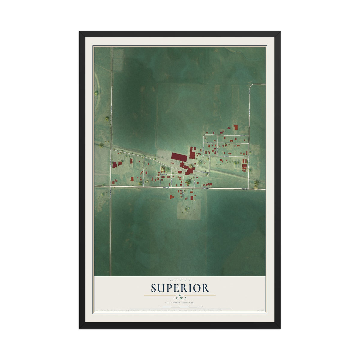 Map of Superior, Iowa, 12 x 18 inch print in a black wood frame