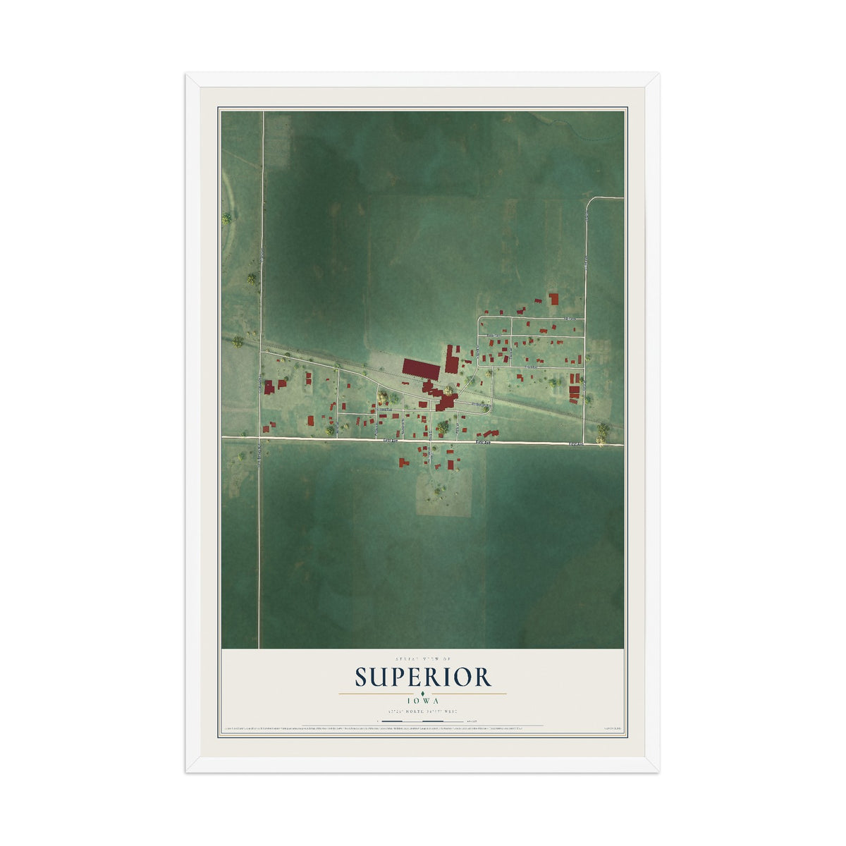 Map of Superior, Iowa, 12 x 18 inch print in a white wood frame