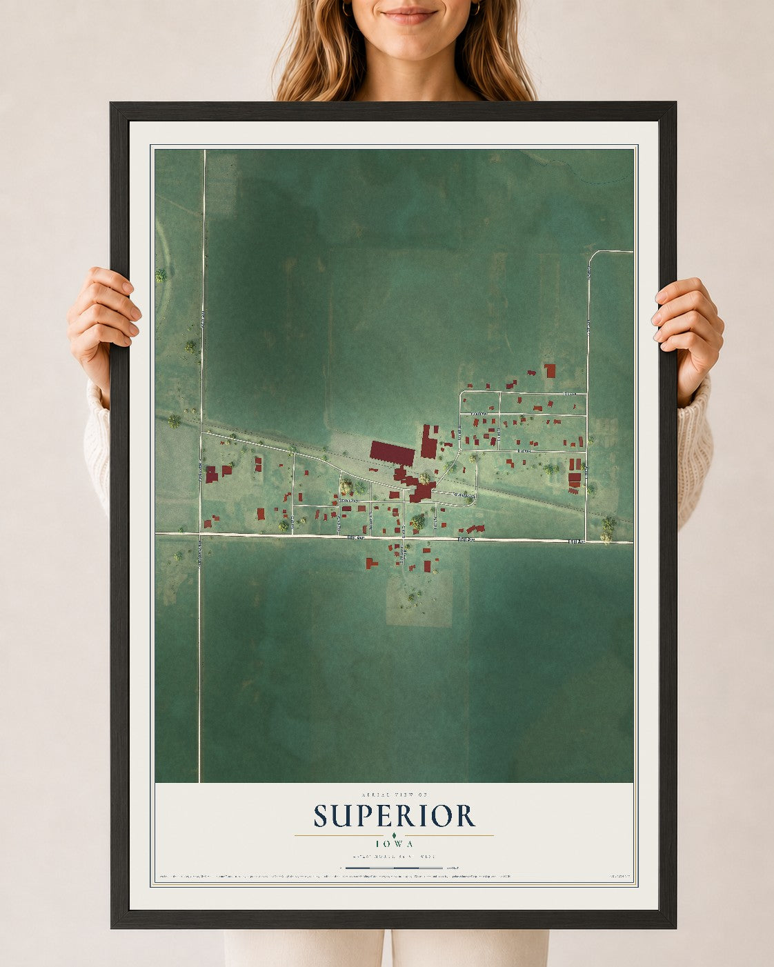 Map of Superior, Iowa, 24 x 36 inch print in a black wood frame