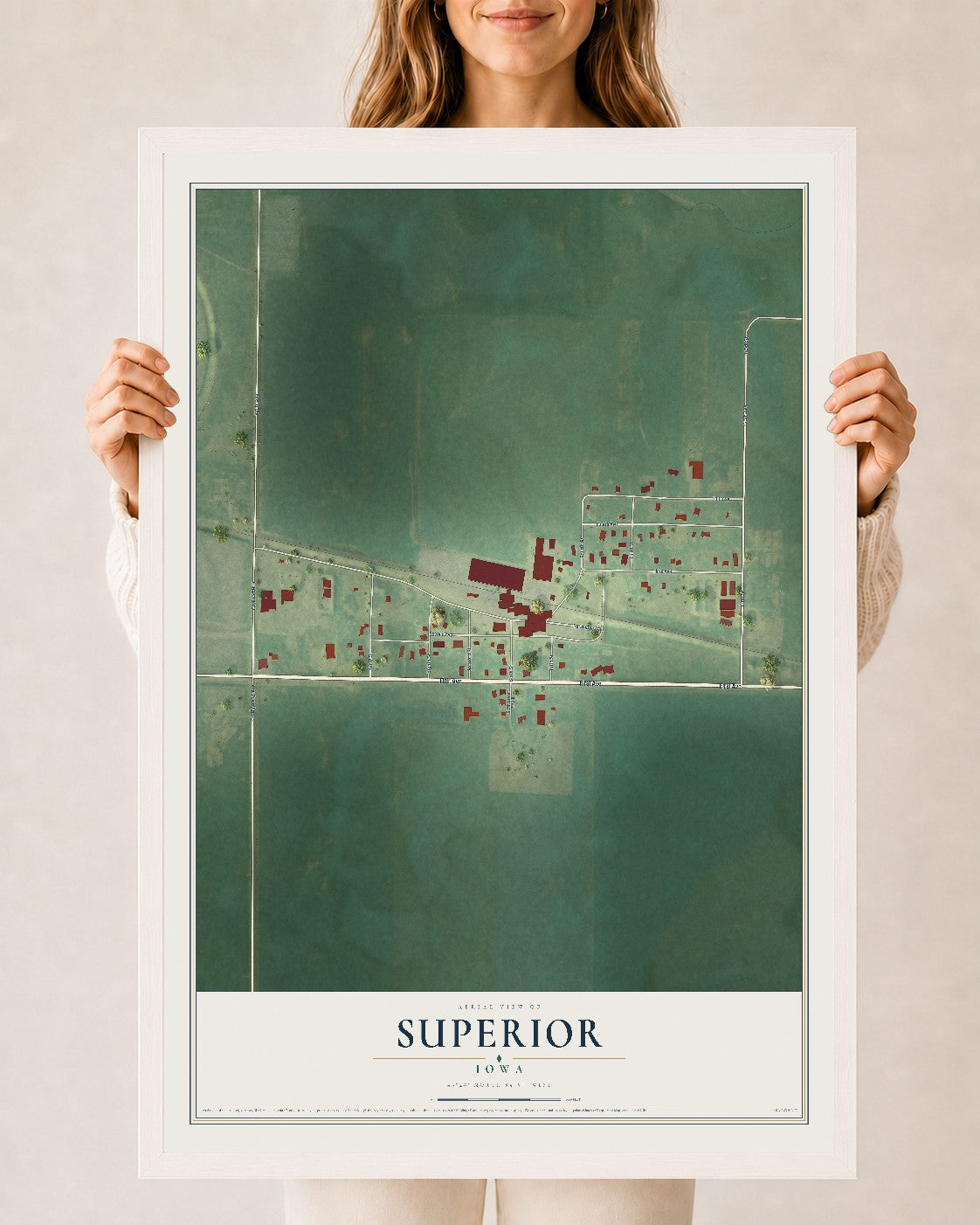 Map of Superior, Iowa, 24 x 36 inch print in a white wood frame