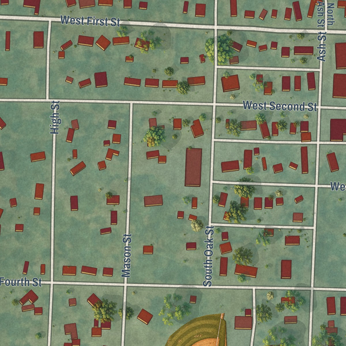Close-up of the map of Sutherland, Iowa print showing street and building detail