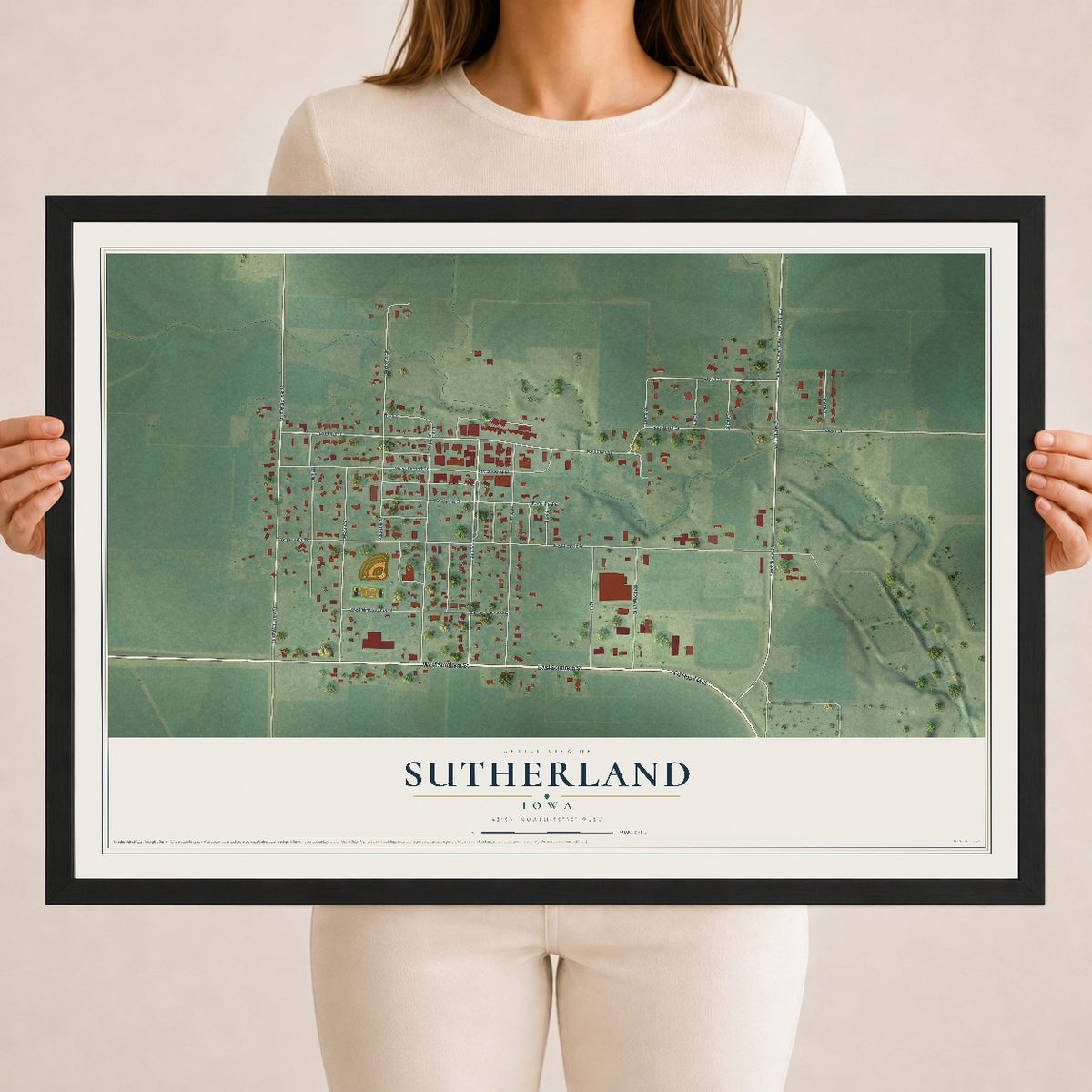 Map of Sutherland, Iowa, 18 x 24 inch print in a black wood frame